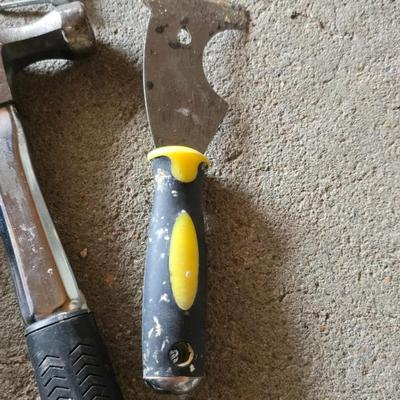 Tools - Rubber mallet - Claw hammer - two C Clamps - Stanley tape measure and a scraper tool