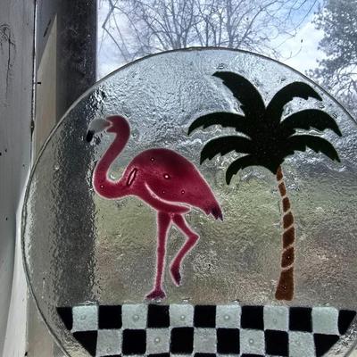 Peggy Karr Plate Checkerboard Flamingo 11 inches Diameter