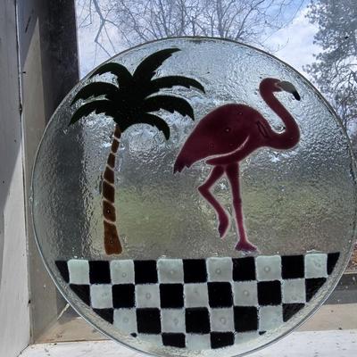 Peggy Karr Plate Checkerboard Flamingo 11 inches Diameter