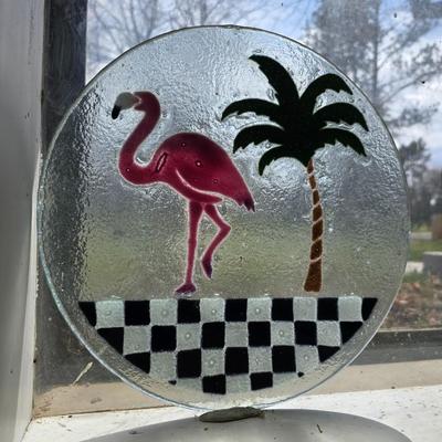Peggy Karr Plate Checkerboard Flamingo 11 inches Diameter