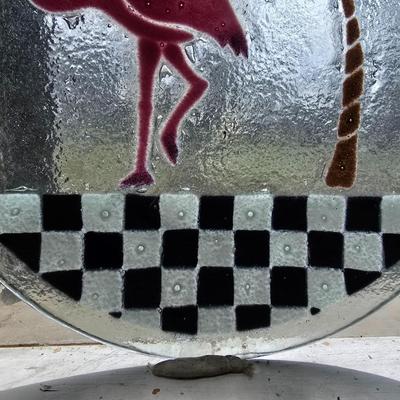 Peggy Karr Plate Checkerboard Flamingo 11 inches Diameter