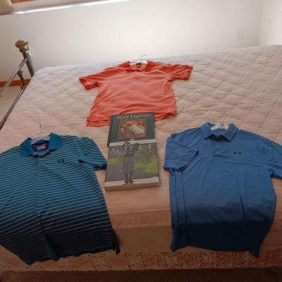 MEN'S GOLF SHIRTS (MEDIUM) AND BOOKS ON GOLF