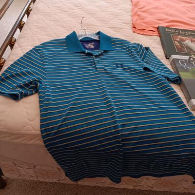 MEN'S GOLF SHIRTS (MEDIUM) AND BOOKS ON GOLF