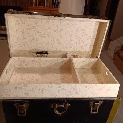 SMALL METAL TRUNK WITH SHELF AND PARTIAL TEA SET PLUS MORE