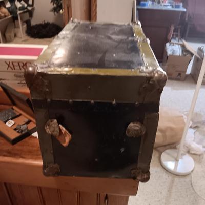 SMALL METAL TRUNK WITH SHELF AND PARTIAL TEA SET PLUS MORE