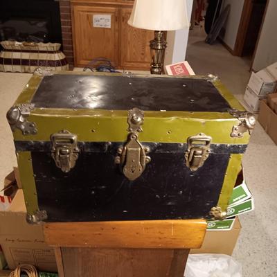 SMALL METAL TRUNK WITH SHELF AND PARTIAL TEA SET PLUS MORE