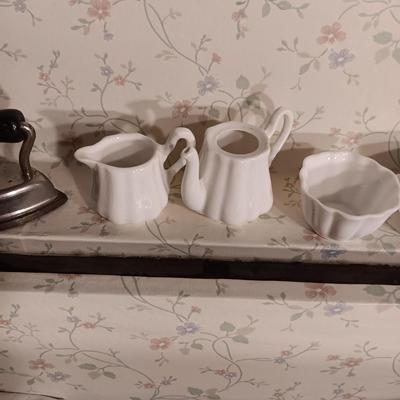 SMALL METAL TRUNK WITH SHELF AND PARTIAL TEA SET PLUS MORE