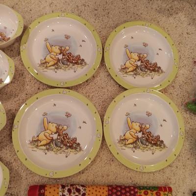 WINNIE THE POOH PLASTIC DISHES, LARGER DOLL CLOTHES, BLANKET AND MORE