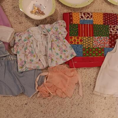 WINNIE THE POOH PLASTIC DISHES, LARGER DOLL CLOTHES, BLANKET AND MORE