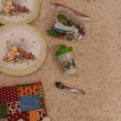 WINNIE THE POOH PLASTIC DISHES, LARGER DOLL CLOTHES, BLANKET AND MORE