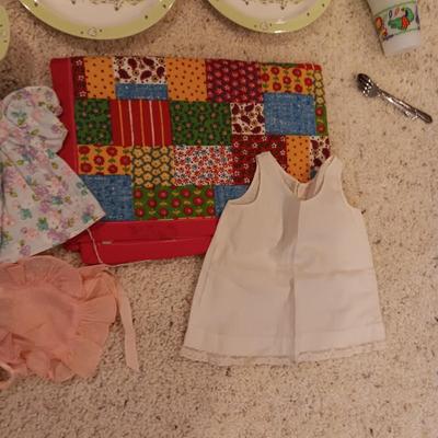 WINNIE THE POOH PLASTIC DISHES, LARGER DOLL CLOTHES, BLANKET AND MORE