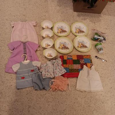 WINNIE THE POOH PLASTIC DISHES, LARGER DOLL CLOTHES, BLANKET AND MORE