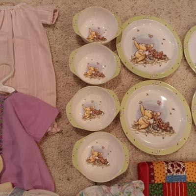 WINNIE THE POOH PLASTIC DISHES, LARGER DOLL CLOTHES, BLANKET AND MORE