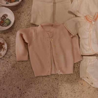 ANTIQUE DOLL DRESS AND OLDER DOLL CLOTHES PLUS RABBIT DISHES