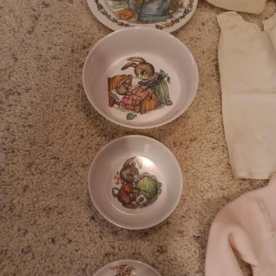 ANTIQUE DOLL DRESS AND OLDER DOLL CLOTHES PLUS RABBIT DISHES