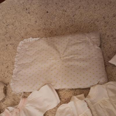 ANTIQUE DOLL DRESS AND OLDER DOLL CLOTHES PLUS RABBIT DISHES