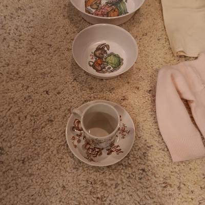 ANTIQUE DOLL DRESS AND OLDER DOLL CLOTHES PLUS RABBIT DISHES