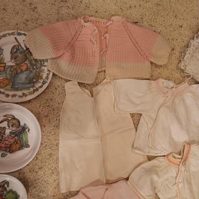 ANTIQUE DOLL DRESS AND OLDER DOLL CLOTHES PLUS RABBIT DISHES