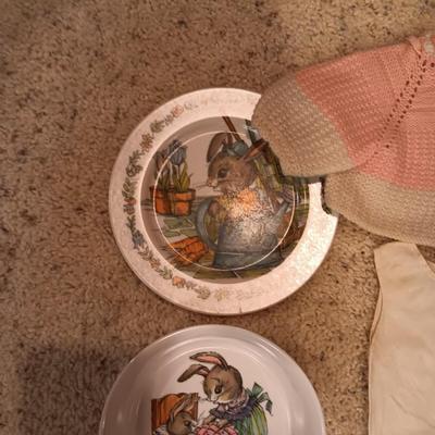 ANTIQUE DOLL DRESS AND OLDER DOLL CLOTHES PLUS RABBIT DISHES