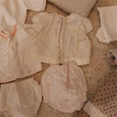ANTIQUE DOLL DRESS AND OLDER DOLL CLOTHES PLUS RABBIT DISHES