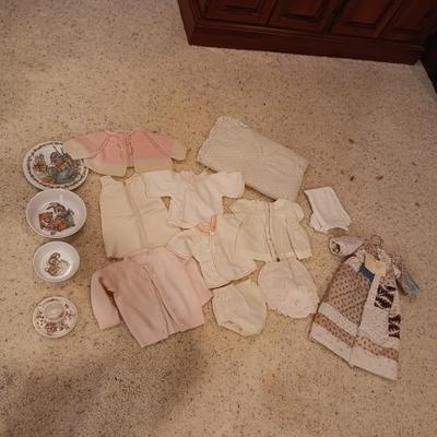 ANTIQUE DOLL DRESS AND OLDER DOLL CLOTHES PLUS RABBIT DISHES