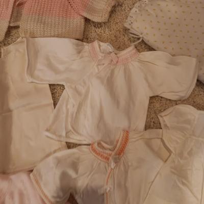 ANTIQUE DOLL DRESS AND OLDER DOLL CLOTHES PLUS RABBIT DISHES