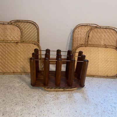 WICKER SERVING TRAYS AND A WINE RACK