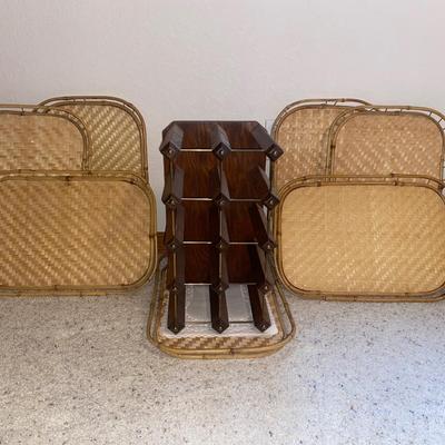 WICKER SERVING TRAYS AND A WINE RACK