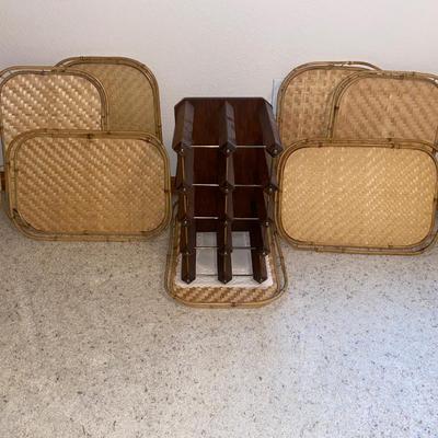 WICKER SERVING TRAYS AND A WINE RACK