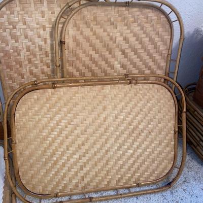 WICKER SERVING TRAYS AND A WINE RACK