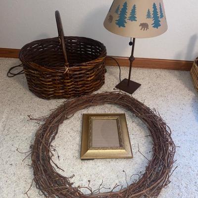 HEAVY WICKER BASKET, WREATH READY FOR YOUR SPECIAL TOUCH, LAMP AND 5x7 PHOTO FRAME