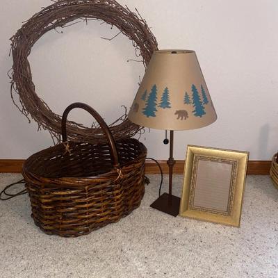 HEAVY WICKER BASKET, WREATH READY FOR YOUR SPECIAL TOUCH, LAMP AND 5x7 PHOTO FRAME