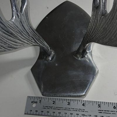Pewter Cast Moose Rack Wall Mount with Hanging Gear and a wonderful pyrography etched slab of wood signed Mike Fecca 11:19