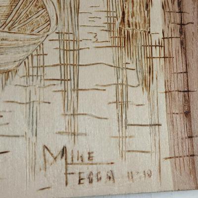 Pewter Cast Moose Rack Wall Mount with Hanging Gear and a wonderful pyrography etched slab of wood signed Mike Fecca 11:19