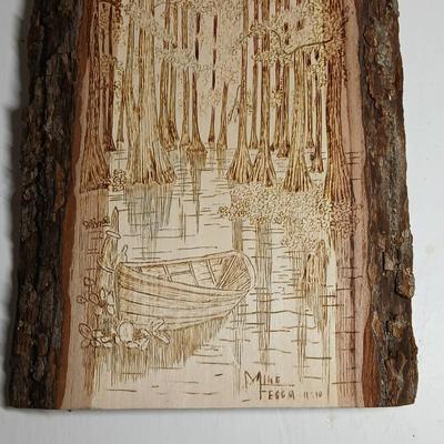 Pewter Cast Moose Rack Wall Mount with Hanging Gear and a wonderful pyrography etched slab of wood signed Mike Fecca 11:19