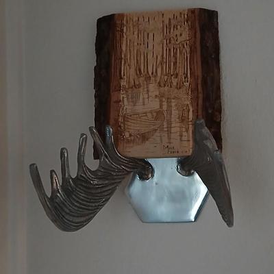 Pewter Cast Moose Rack Wall Mount with Hanging Gear and a wonderful pyrography etched slab of wood signed Mike Fecca 11:19