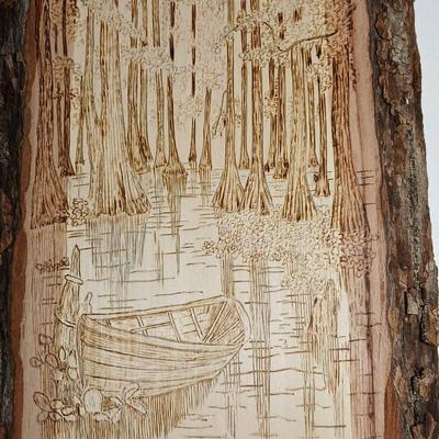 Pewter Cast Moose Rack Wall Mount with Hanging Gear and a wonderful pyrography etched slab of wood signed Mike Fecca 11:19