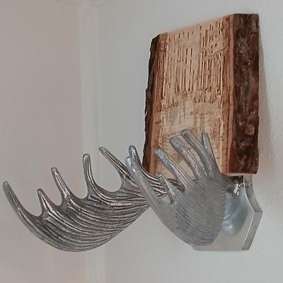 Pewter Cast Moose Rack Wall Mount with Hanging Gear and a wonderful pyrography etched slab of wood signed Mike Fecca 11:19