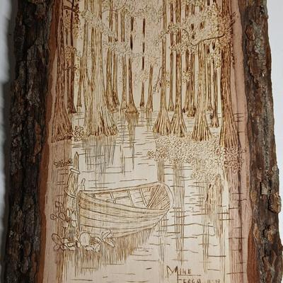 Pewter Cast Moose Rack Wall Mount with Hanging Gear and a wonderful pyrography etched slab of wood signed Mike Fecca 11:19