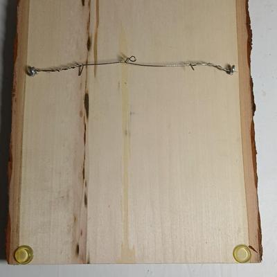 Pewter Cast Moose Rack Wall Mount with Hanging Gear and a wonderful pyrography etched slab of wood signed Mike Fecca 11:19