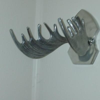 Pewter Cast Moose Rack Wall Mount with Hanging Gear and a wonderful pyrography etched slab of wood signed Mike Fecca 11:19