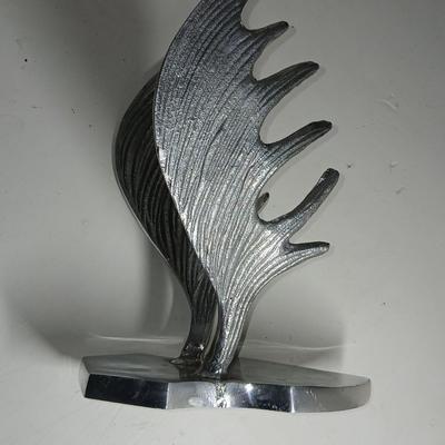 Pewter Cast Moose Rack Wall Mount with Hanging Gear and a wonderful pyrography etched slab of wood signed Mike Fecca 11:19