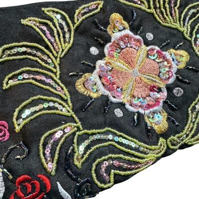 USED - Black Silk Floral Embroidered Boho Evening Bag w/Multi Color Beads, Roses & Greenery w/Silver Chain Strap