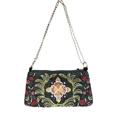 USED - Black Silk Floral Embroidered Boho Evening Bag w/Multi Color Beads, Roses & Greenery w/Silver Chain Strap