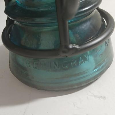 Blue Glass Insulator Hemingray 37 Beaded Bottom Cast Iron Stand Candle Holder with framed artwork