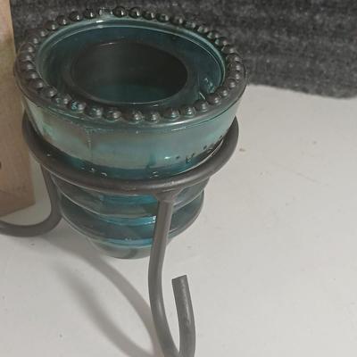 Blue Glass Insulator Hemingray 37 Beaded Bottom Cast Iron Stand Candle Holder with framed artwork