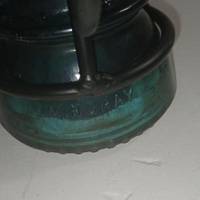 Blue Glass Insulator Hemingray 37 Beaded Bottom Cast Iron Stand Candle Holder with framed artwork