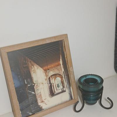 Blue Glass Insulator Hemingray 37 Beaded Bottom Cast Iron Stand Candle Holder with framed artwork
