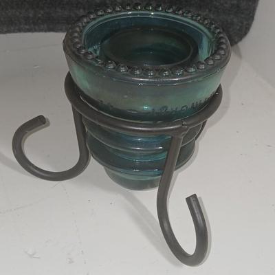 Blue Glass Insulator Hemingray 37 Beaded Bottom Cast Iron Stand Candle Holder with framed artwork