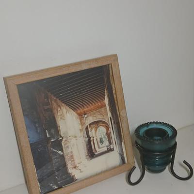 Blue Glass Insulator Hemingray 37 Beaded Bottom Cast Iron Stand Candle Holder with framed artwork